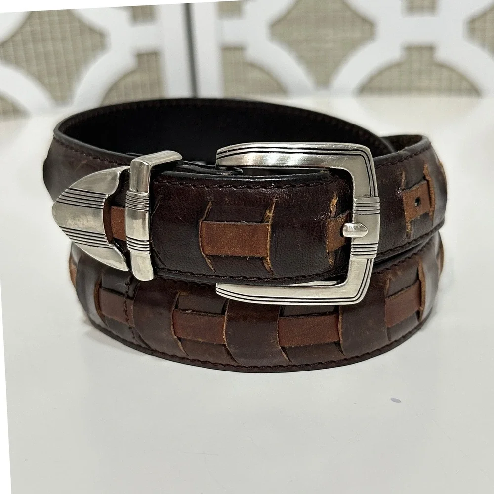 Mens Leather Woven Belt Silver Buckle Brown Size 42 Classic Dressy Western 0.75